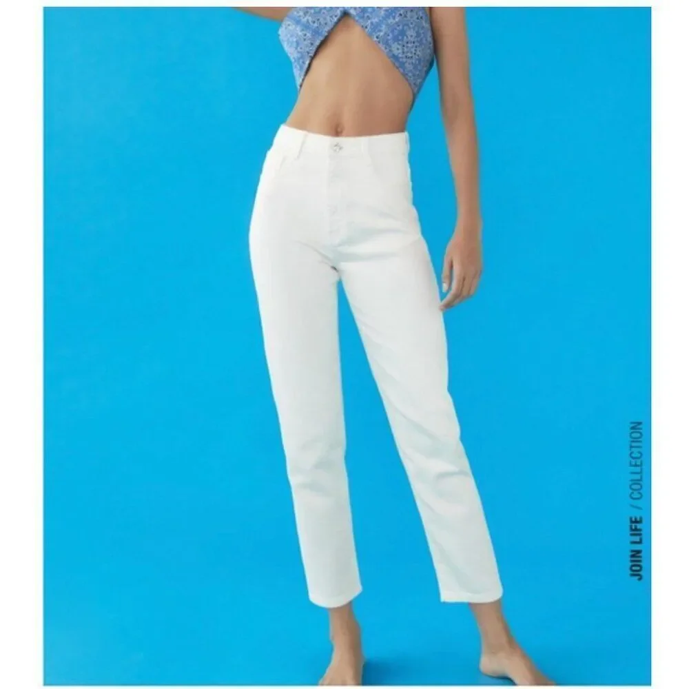 Zara Womens Mom Fit Jeans EU 44 US 12 Hi Rise slim leg White Denim 7223/021 NWT